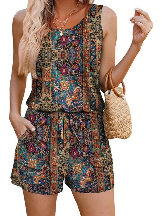 Pants - Women's Pattern 7 Summer Sleeveless Scoop Neck Tank Top Casual Short Romper